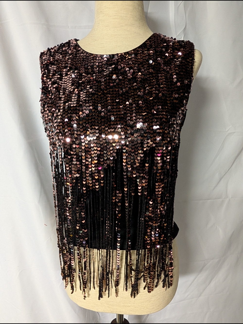 Fringed Sequin Tank Top - Rose Metallic
